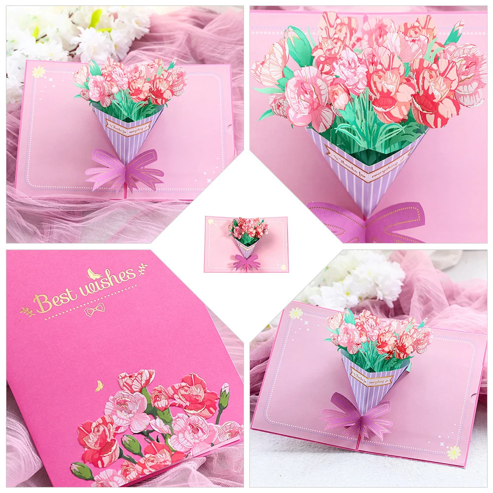 

2Pcs 3D Greeting Card for Mom Mother's Day Bronzing Pop up Cards Fresh Flowers Carnation Birthday Anniversary Stylish Printing