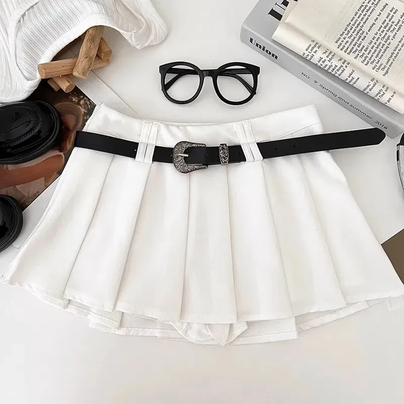 Y2K Black with Belt Pleated Skirts Women Summer High Waist All-Match A-Line Skirts Harajuku Preppy Casual Mini Skirts New