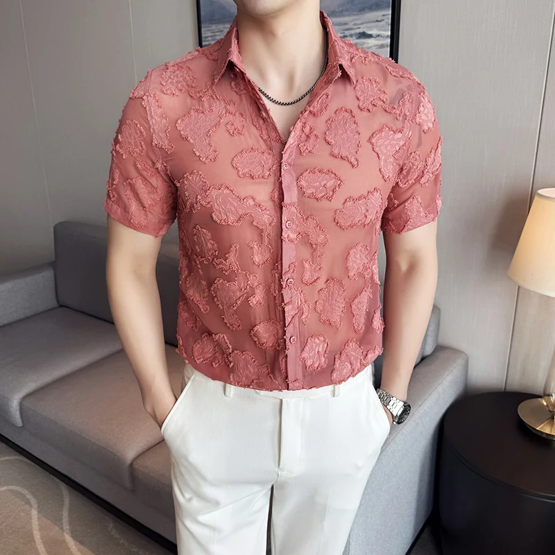 2025 Summer New Lace Hollow Short Sleeve Shirt Ice Silk Fashion Leisure Nightclub Shirt High Quality Sunscreen Shirt Size 4XL-M