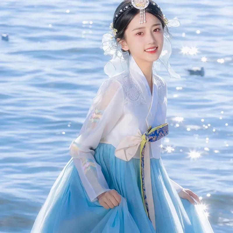 2025 verano Hanbok mujeres nueva gasa azul vestido tradicional Hanbok corte vestido de novia coreano Kimono Asia Islas Pacífico ropa