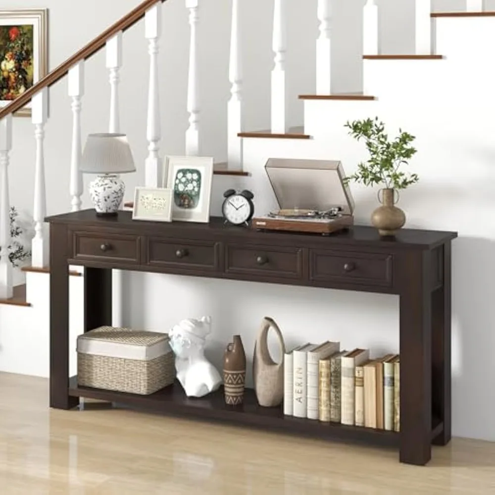 Retro Console Table with Storage, Farmhouse Sofa Table with 4 Drawers, Open Shelf & Solid Wood Legs, Hallway Table