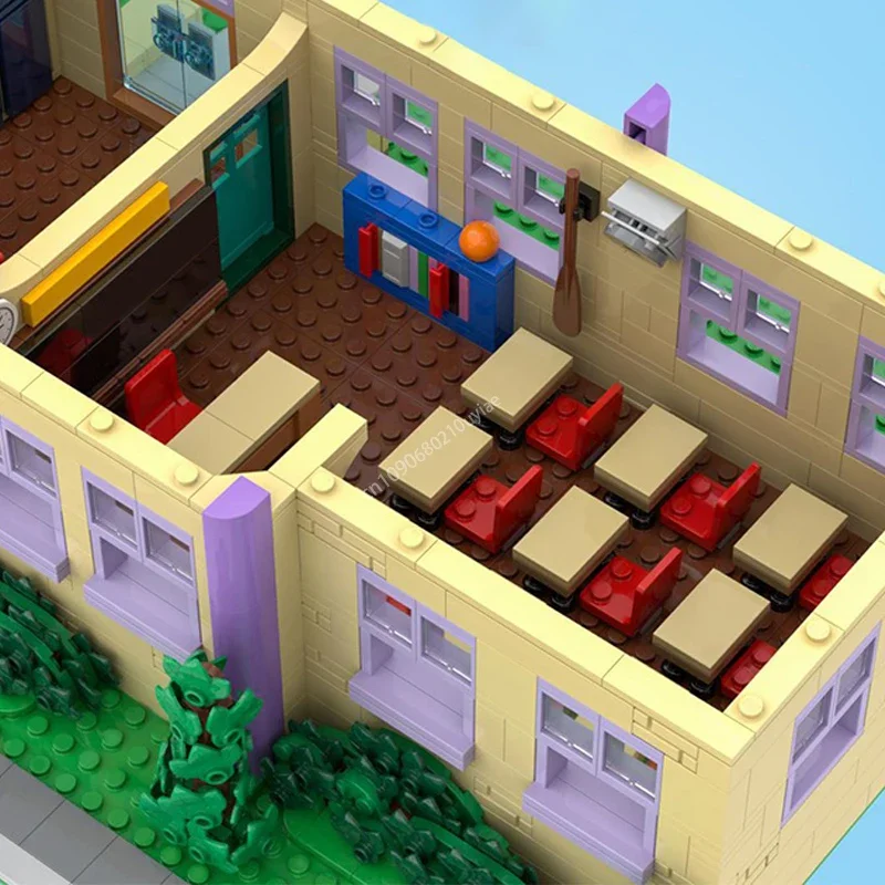 Moc Anime Simpsoned Modulaire Springfield Basisschool Stad Architectuur Bouwsteen Diy Kids Montage Bricks Speelgoed aanwezig