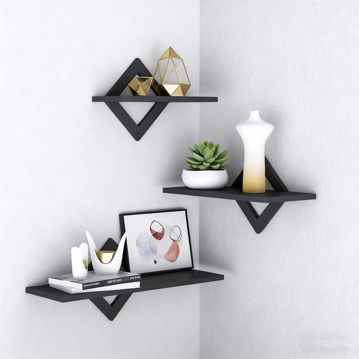 Diamond Relief Wall Rack Three-Piece Set, Black Wooden Wall Display Stand, Bedroom Living Room Bathroom Decorative Storage Rack