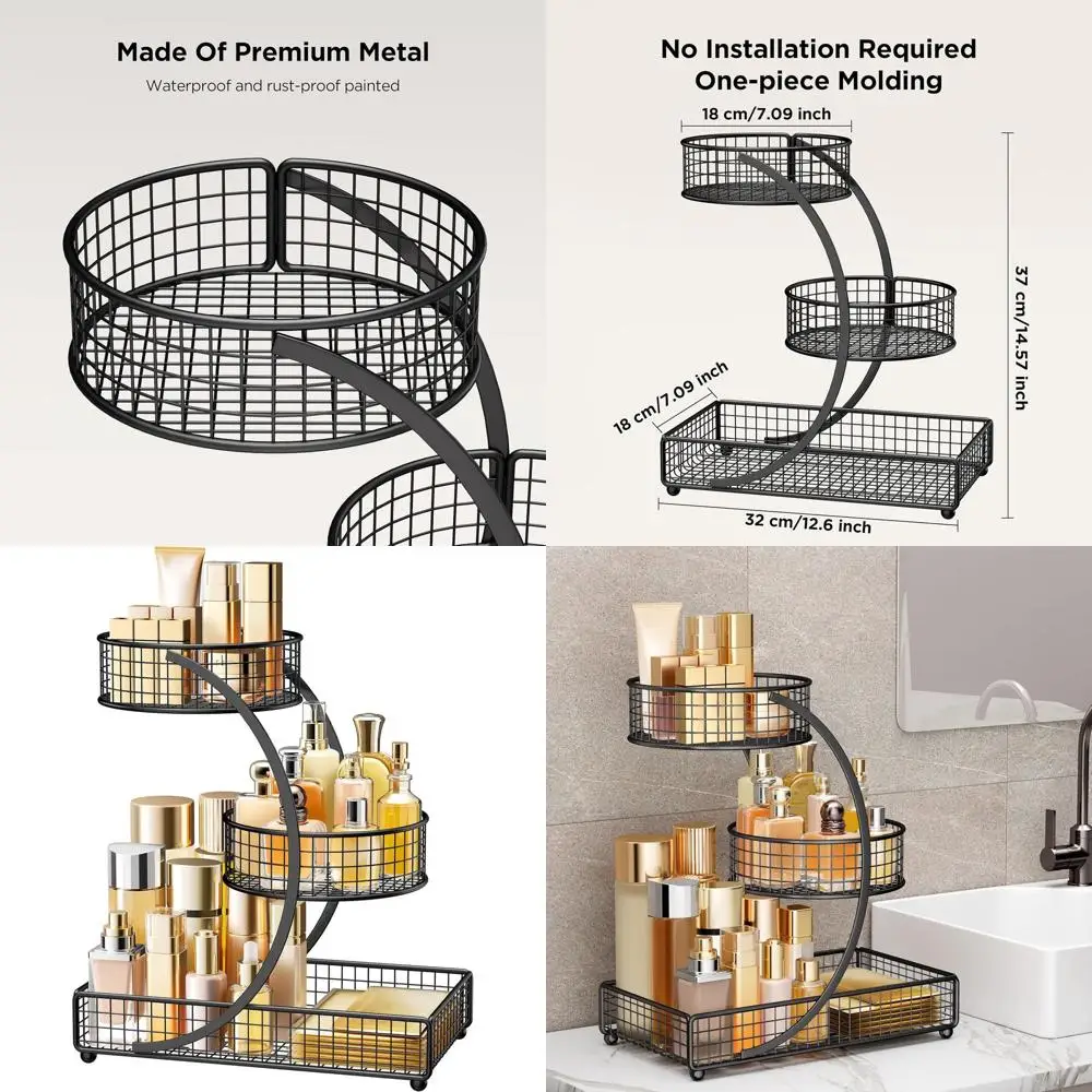 

3-х уровневый черный металлический органайзер для туалетного столика для столешницы в ванной комнате, дисплея для хранения средств по уходу за кожей и косметики