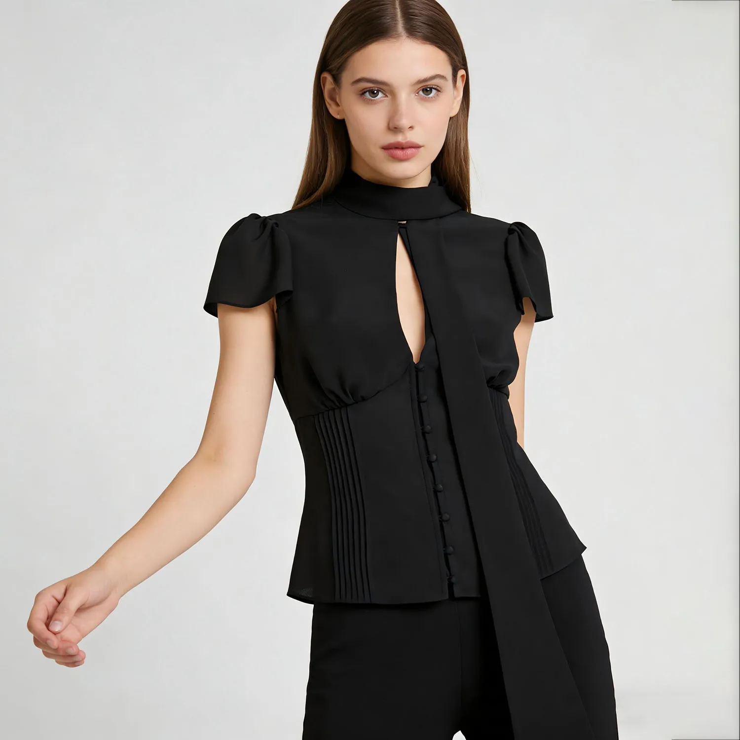 

Женская черная формальная рубашка LIMO с коротким рукавом и воротником-стойкой, с вырезом в форме капли на груди, приталенный элегантный топ