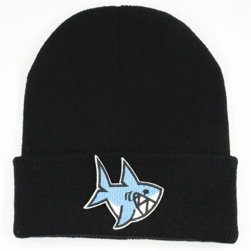 Winter Cartoon Shark Embroidery Cotton Thicken Knitted Warm Hat Skullies Cap Beanie Hat for Men and Women 105