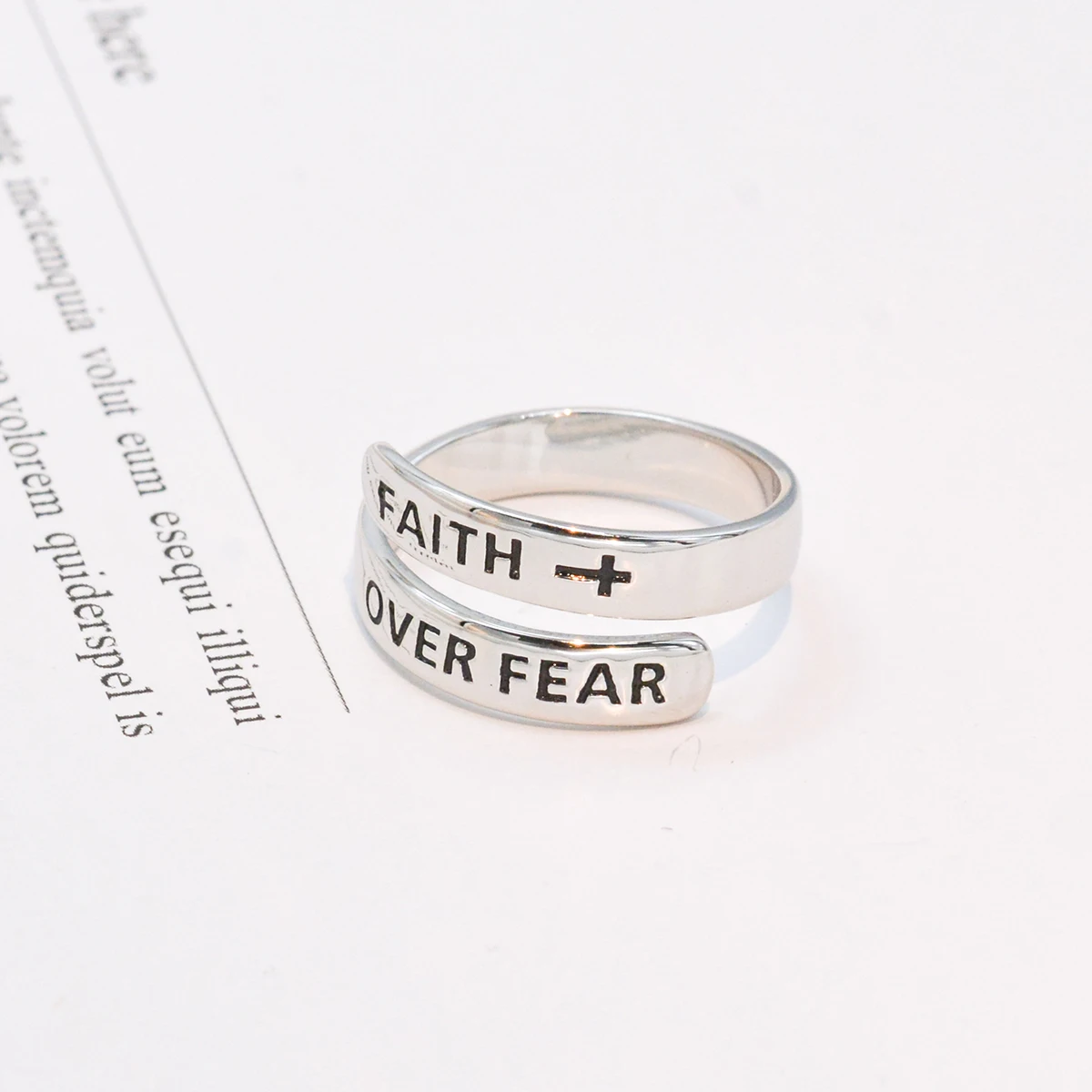 Open Ring S925 Silver Adjustable Wide Edge Inspirational Vintage Faith Over Fear Simple Electroplated Ring