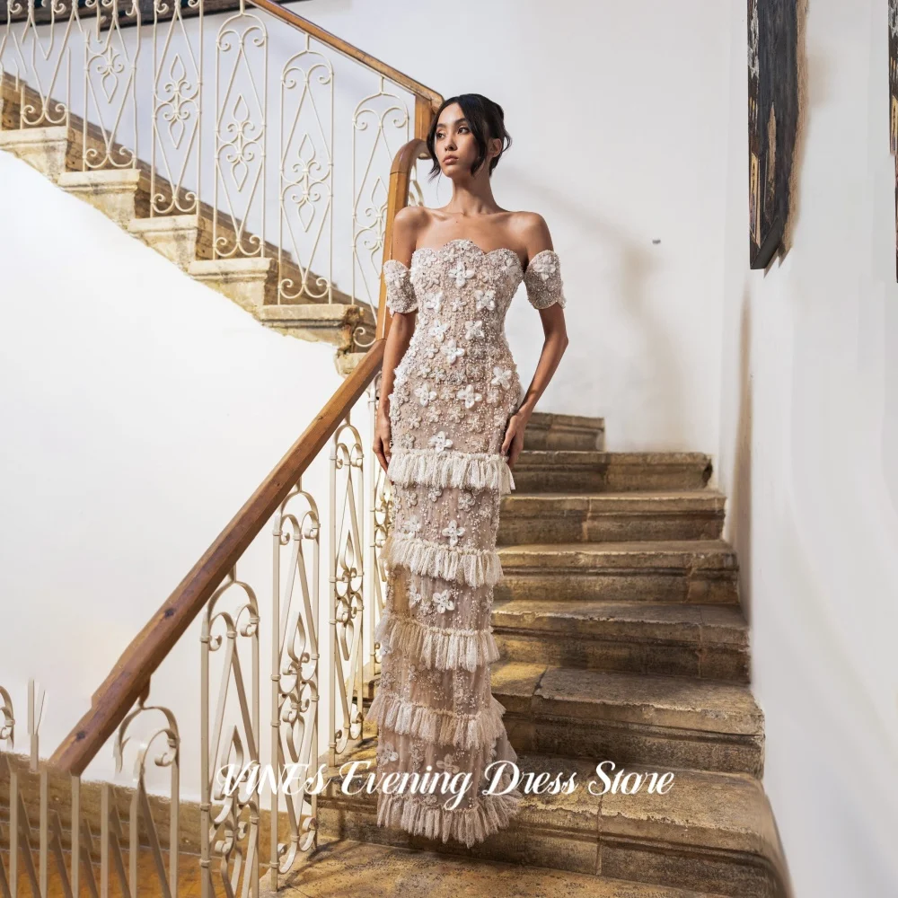 VINES Luxury Women Ivory Heavy Beaded Prom Dresses Sequin Evening Gowns Flower Lace Off Shoulder Mermaid Party Dress Customized