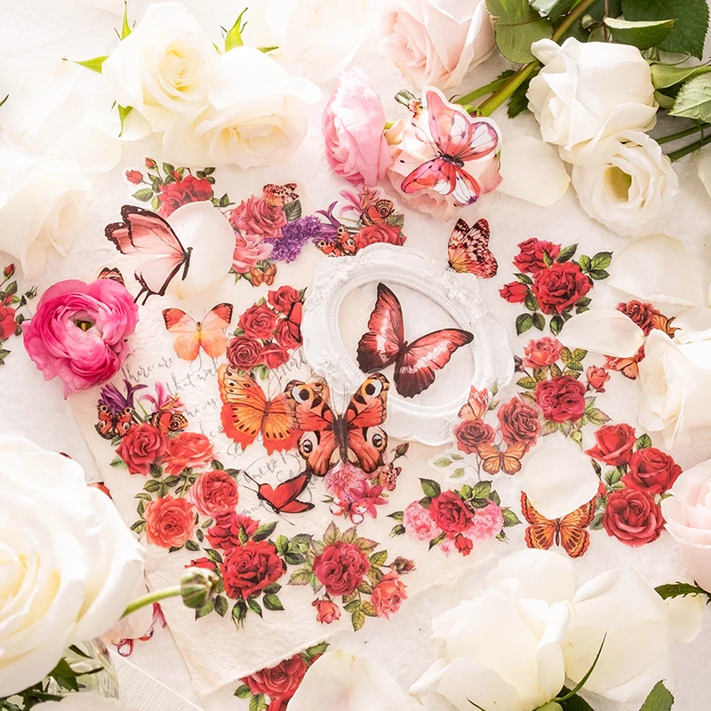 50Sheets Dairy Sticker Artistic Flowers Butterflies Plants Roses Collage Materials Decorations Handbooks Kawaii Stickers