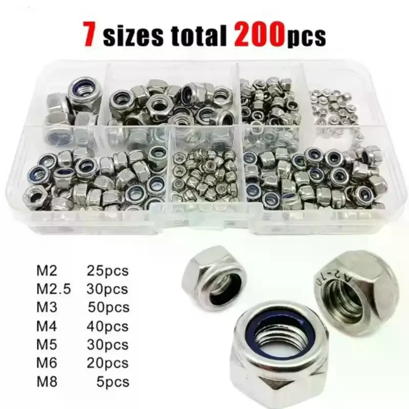 /PFU/Hex Nylon Insert Self Lock Nut Nylock Locknut Assortment Kit Set M2 M2.5 M3 M4 M5 M6 M8 304 A2-70 Stainless Steel 200pcs