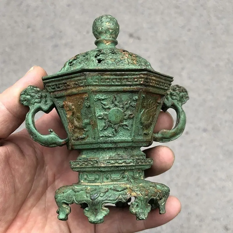 Antique relief four major beasts three-layer household binaural double dragon three-legged incense burner interior ornament retr