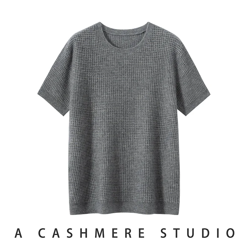 

Men's 100% Cashmere Knit Round Neck Short Sleeve Waffle T-Shirt Casual Loose Pullover Vest Spring Summer New Sweaters Vesr Tees