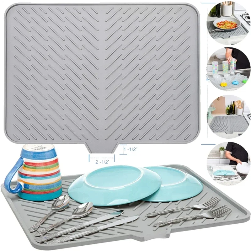 

Silicone Dish Drying Mat Built in Drain Lip Hygienic Drying Pad Easy To Clean Tray Protect Surfaces Prevents Water Build Up bath