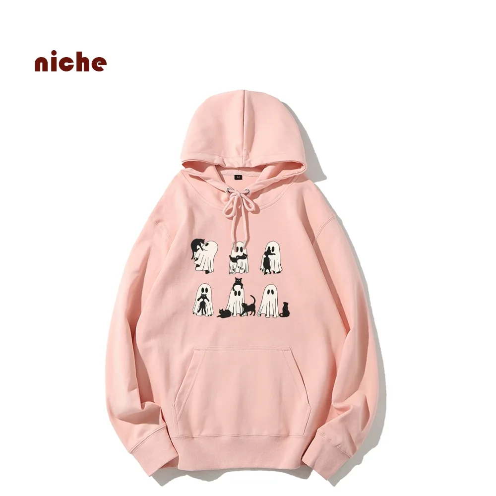 Sweet Candy Color Hooded Sweater Pure Cotton Halloween Cute Ghost Print Neutral Style Ladies Loose Oversize Y2k New Hoodie