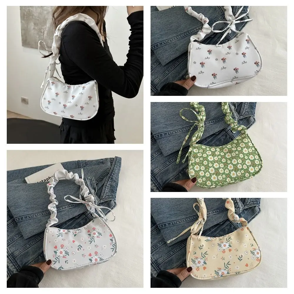 Flower Pattern Printing Shoulder Bag Large Capacity Wrinkle Sweet Canvas Bag Bow Underarm Bag Lovely Tote Bag Travel