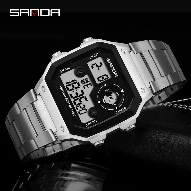 

SANDA Men Multifunctional Dual Display Watch Luminous HD LED Digital Mens Watches Alarm Clock Stainless Steel Strap Waterproof