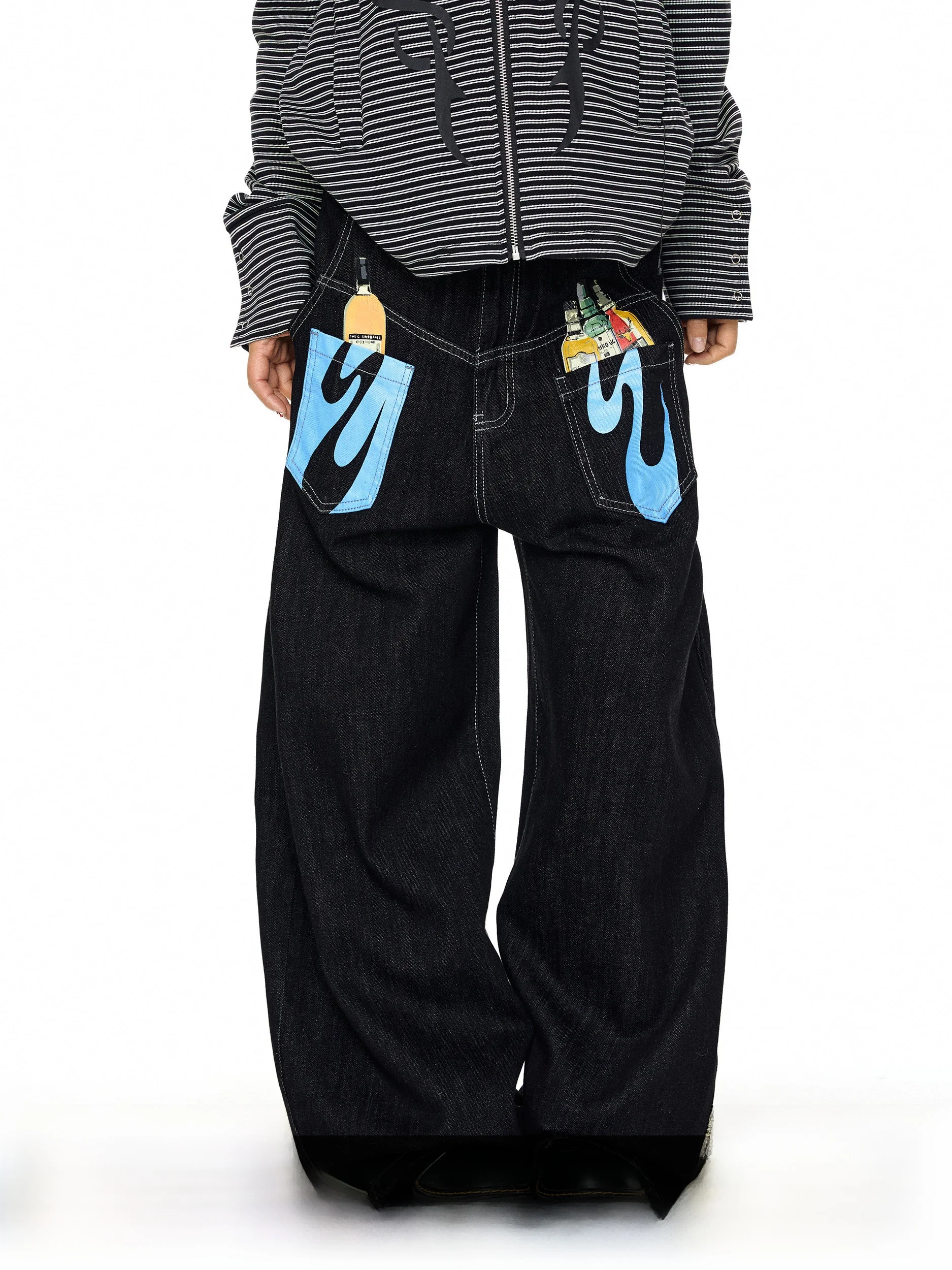 

High Waist Loose Fit Wide Leg ket fiti Printed Denim Jeans Women's Street Sle Waed American Long Trousers