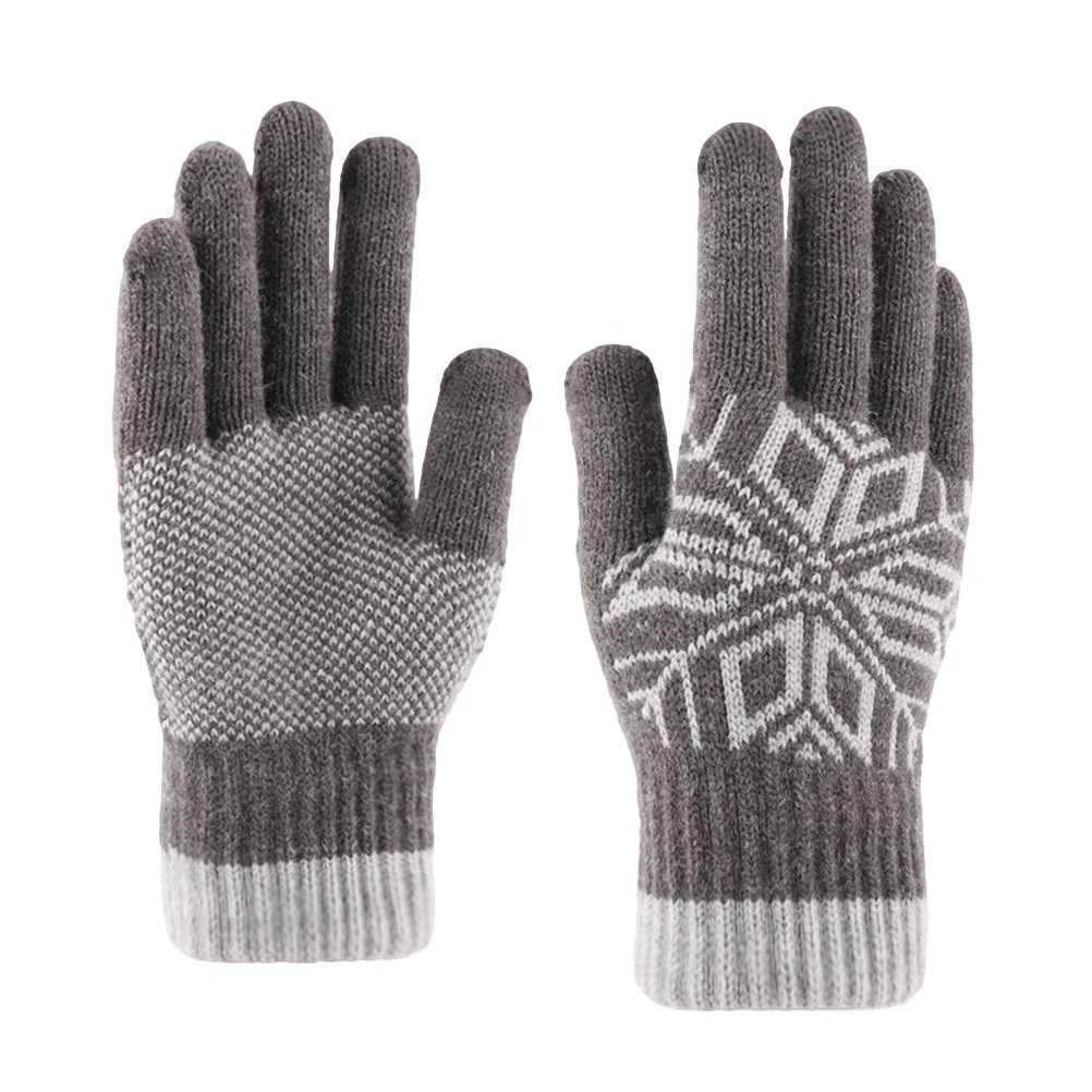 1Pair Men's Warm Jacquard Knitted Gloves Thicken Windproof Touchscreen Compatible Winter Work Outdoor Gloves Grey