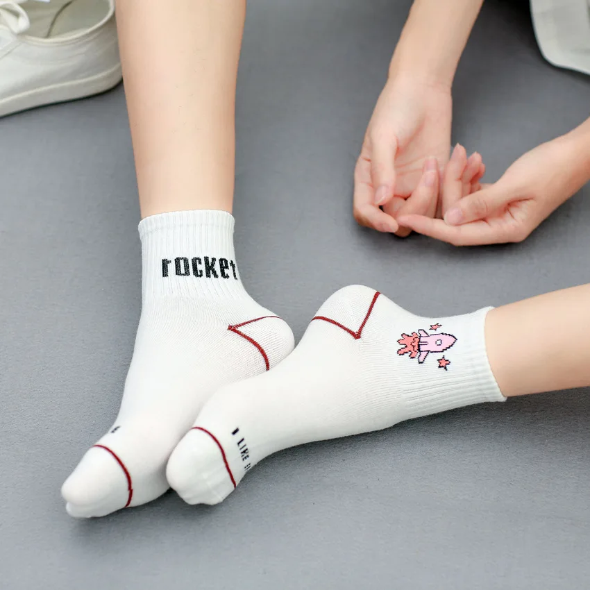 Female Pure Cotton Socks with A Cute Korean Pencil and Fruit Pattern for Students in Spring and Summer