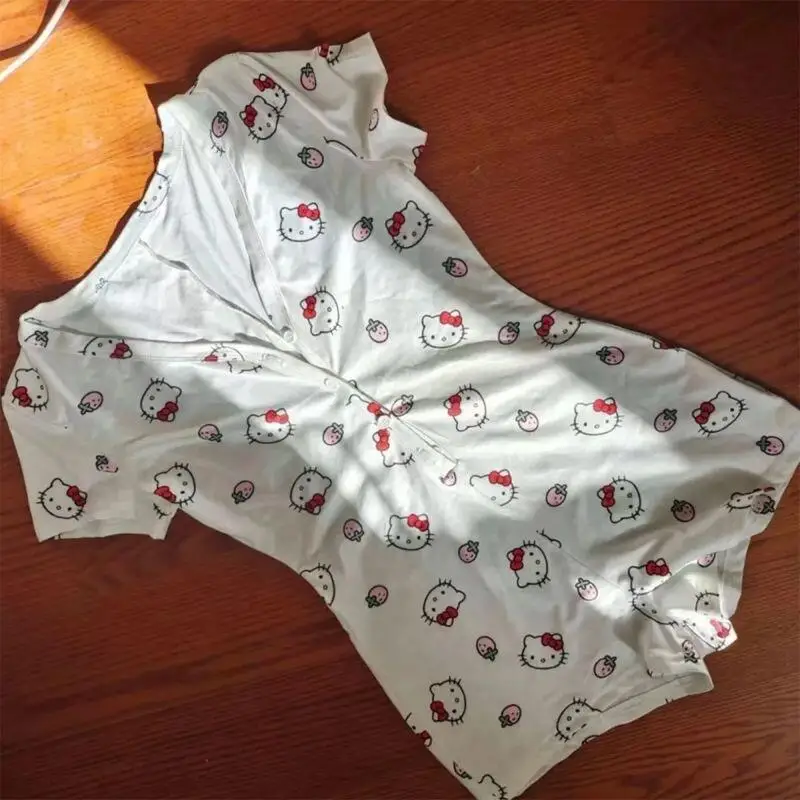 신상품 대형 사이즈 파자마 키티 고양이 프린트 파자마 여름 귀여운 원피스 홈웨어 면 반팔 점프수트 반바지