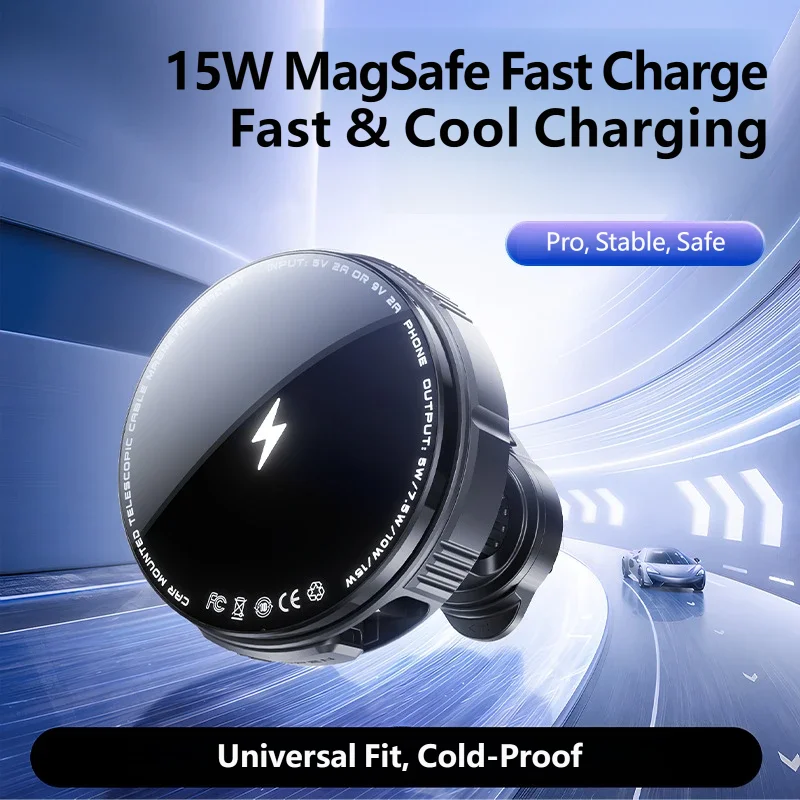 Magnetic Car Wireless Charger Vent Mount 15W Fast Charging Retractable Cable MagSafe Compatible Phone Holder for iPhone 16 15