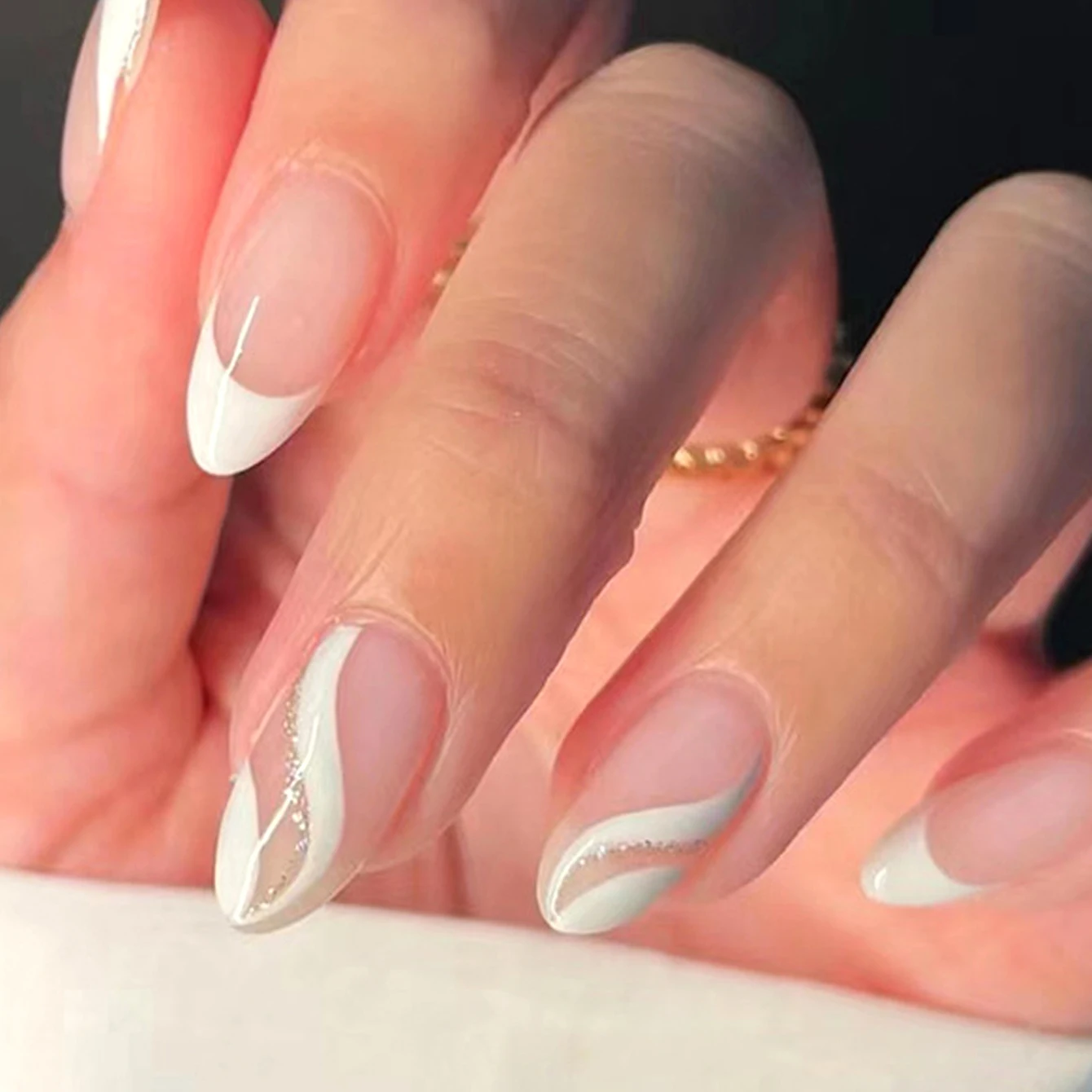 24PCS Almond Medium-Sized False Nails, White French Pointed False Nails With A Shiny Vortex Design, Full Coverage Of Luster