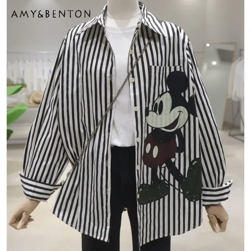 

2024 New Early Autumn Loose Causal Single-breasted Shirts Thin Medium And Long Cotton Striped Long-sleeved Shirt Women's Clothes