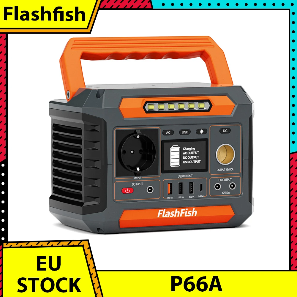 Station d'alimentation portable Flashfish P66A, capacité de 144,3 Wh, batterie de 39 000 mAh, sortie AC de 200 W, 8 sorties, USB-A/USB-C QC 18 W, entrée solaire 13–22 V, 3 méthodes de charge, lumière LED intégrée