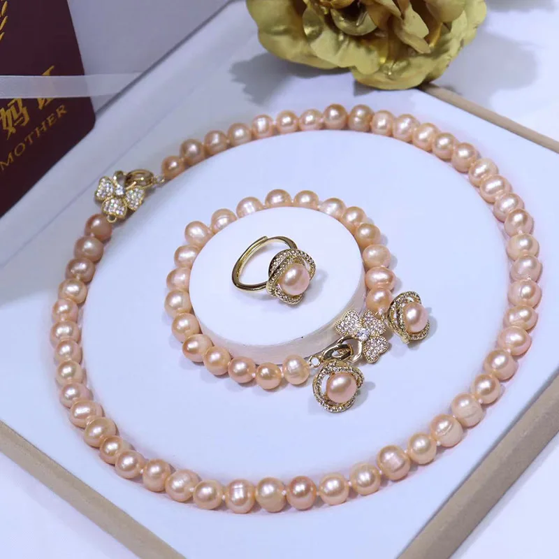 

Hot sale 4PCS set of Sansheng Sanshi Xinao pearl champagne pink pearl Necklace Earring Ring 8-9mm fresh natural pearl jewelry