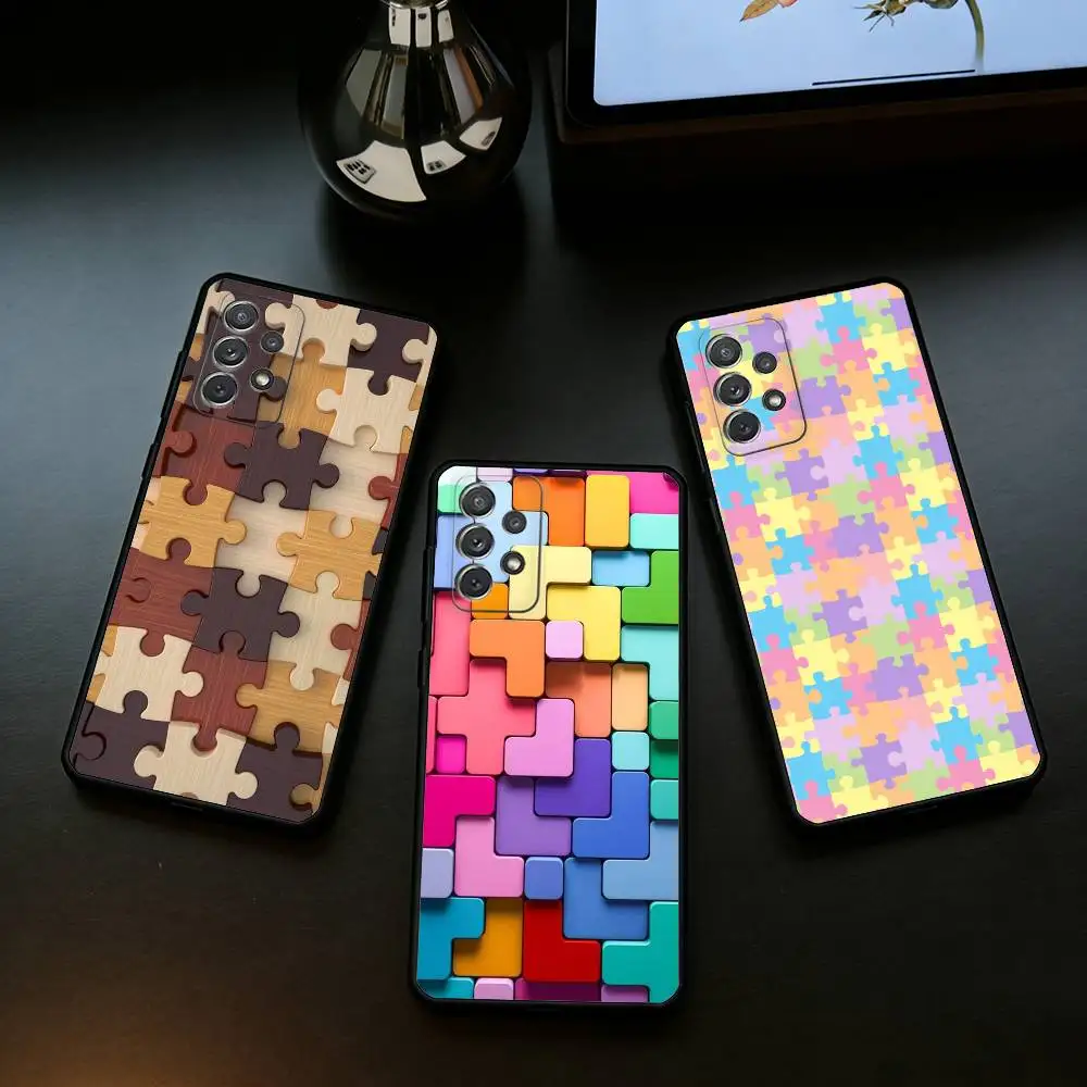 Autism Support Puzzle Pattern Phone Case For Samsung Galaxy A73,A72,A71,A70,A53,A52,A51,Soft Silicone Black Cover