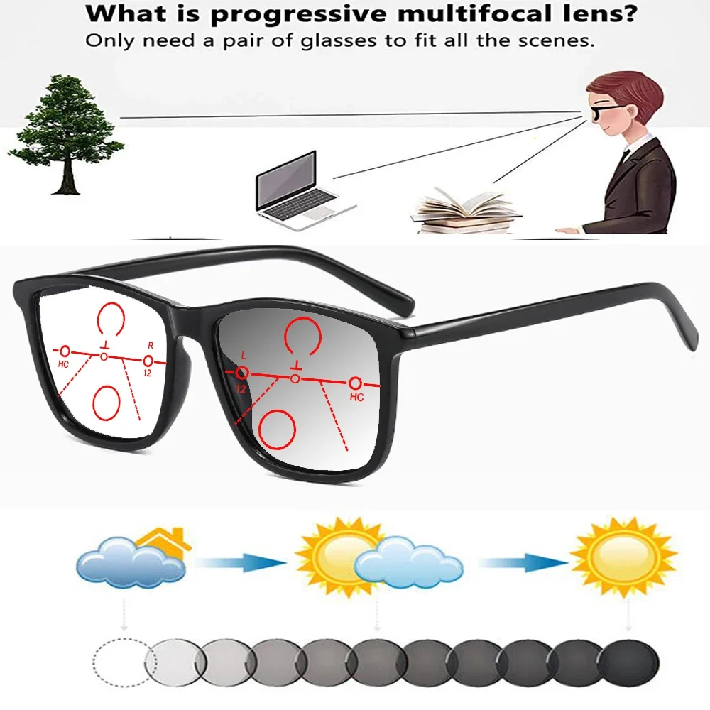 

Square Simple Fashionable Personality Large Frame Comfortable Photochromic Progressive Multifocal Reading Glasses +0.75 To +4