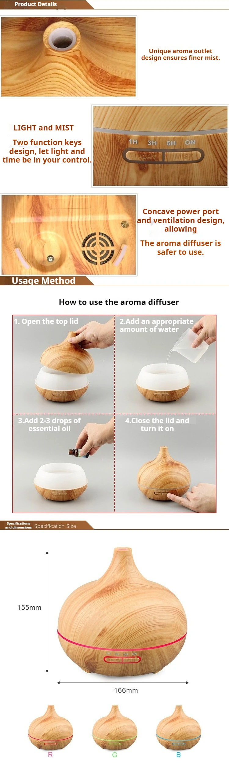 500ML Aromatherapy Machine Wood Grain Humidifier with 7-Color LED Heavy Fog Quiet Bedroom Office Hotel Essential Oil Humidifier