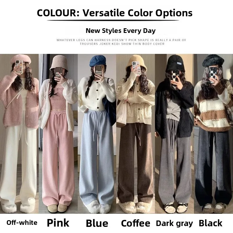 ارتفاع الخصر بنطال ذو قصة أرجل واسعة المرأة الخريف الشتاء فضفاض عادية طول الأرض بنطلون صوف مبطن الكاكي السراويل مزيج البوليستر #2