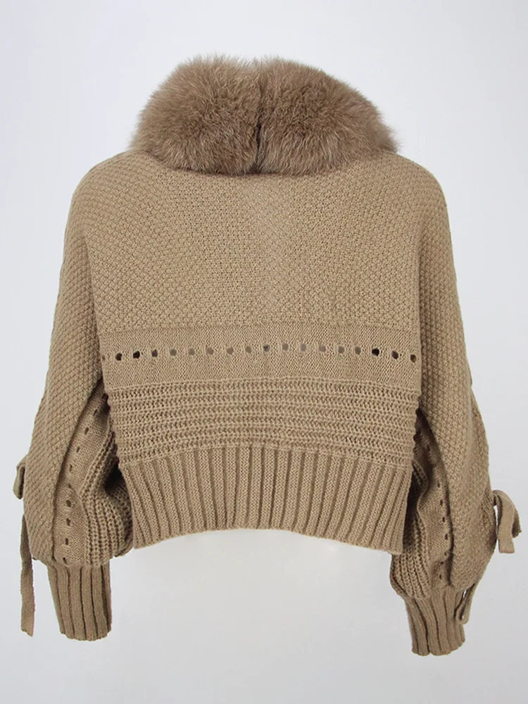 OFTBUY 2023 Winter Frauen Casual Echt Fox Pelz Kragen Neue Mode Kurze Warme Lose Gestrickte Jacke mit Natürliche Pelz Knopfleiste Mantel