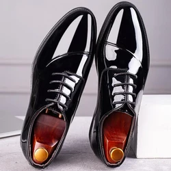 Zapatos Oxford de charol PU con cordones para hombre, zapatos de vestir masculinos para boda, fiesta, trabajo de oficina, marca de diseñador elegante