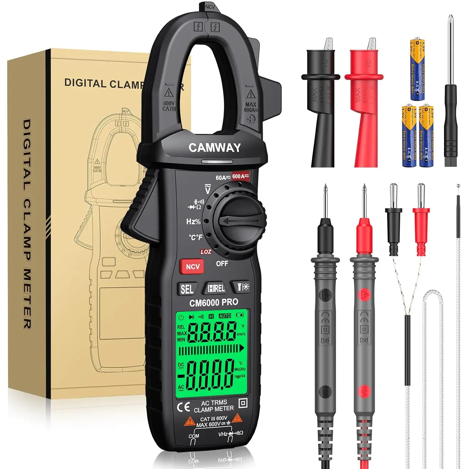 Digital Clamp Meter TRMS 6000counts 600A Auto Ranging AC/DC Current Voltage NCV Continuity Capacitance Resistance Frequency Test