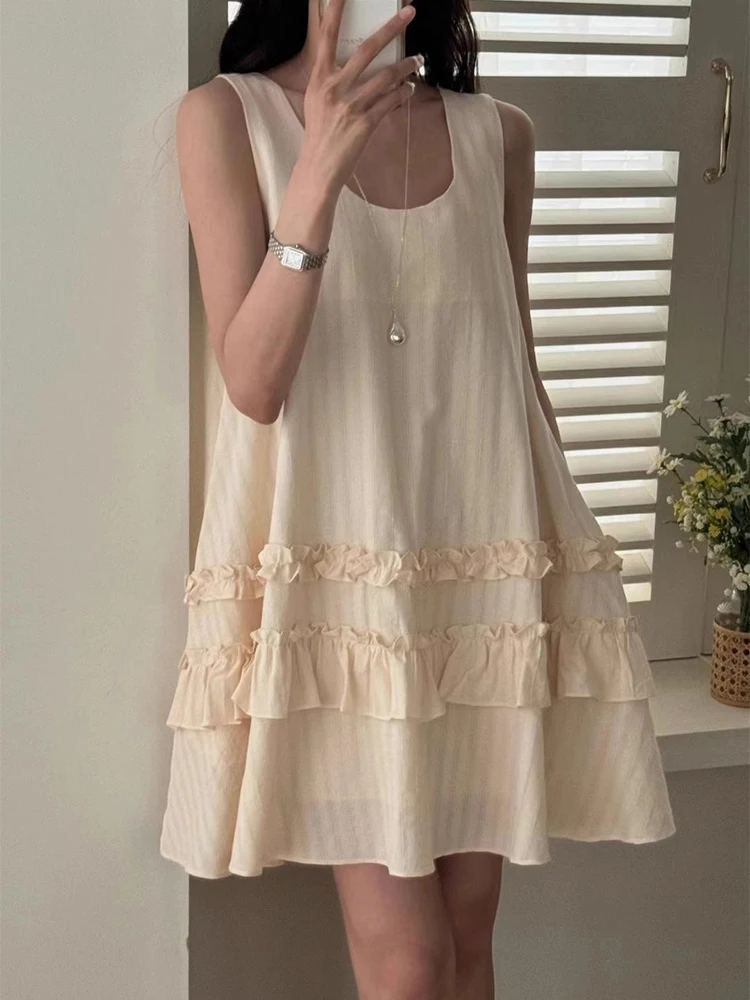 Vestido de Verão com Detalhes em Renda Liangliang, Novo Estilo E, Sem Mangas, Saia em Camadas, Saia Curta, Estilo Core...