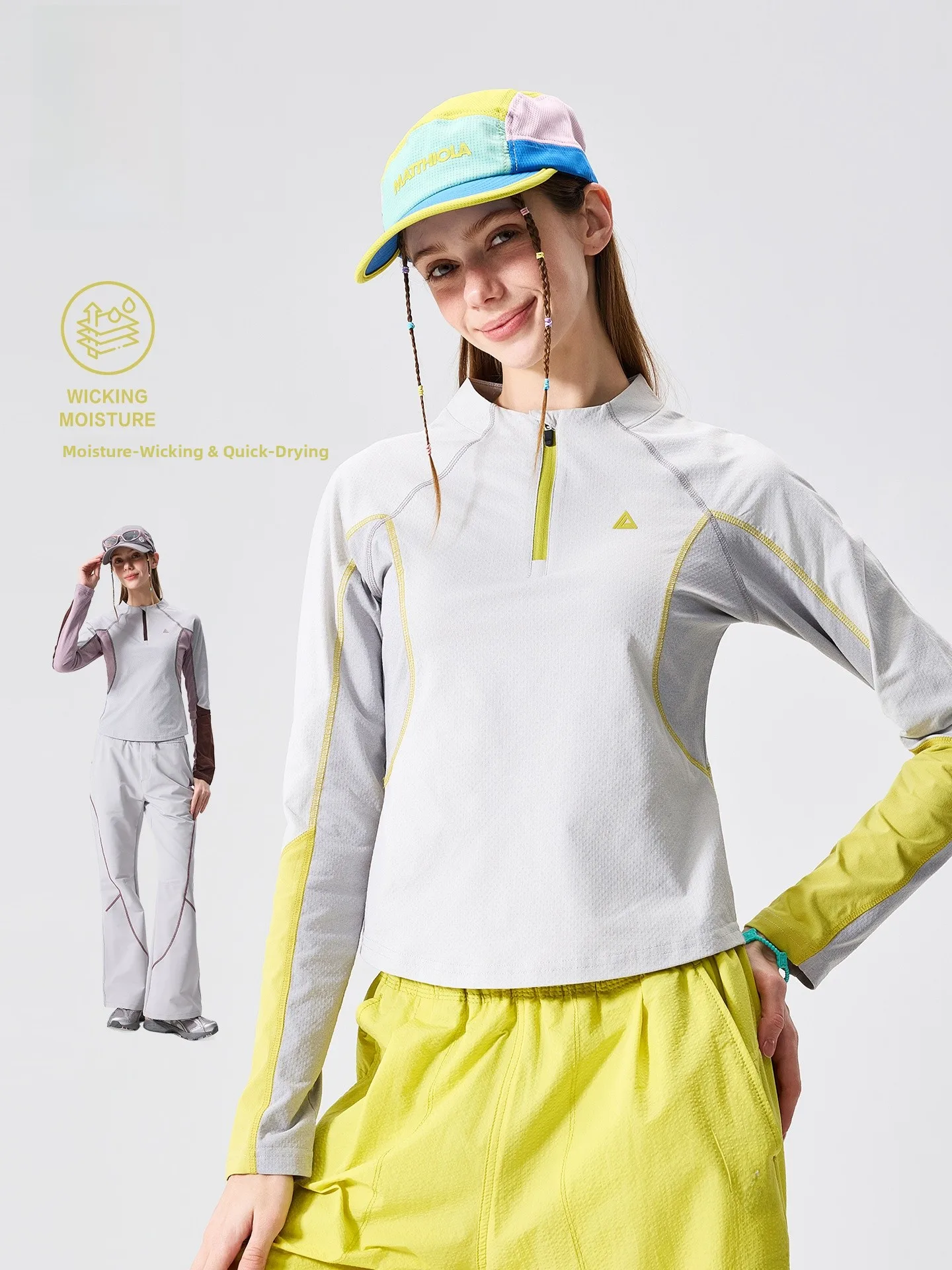 LAZY DAY Outdoor Women's Long Sleeve T-Shirt Half Zipper Quick Dry Moisture Wicking Sporty Top Color Block Hассu Line Design