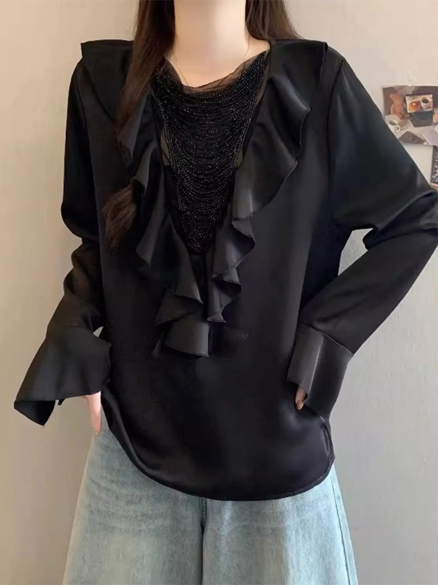 

Ele Long Sve Satin irt V-Ne Women's plus Size Casual Sle Slimming Top Beautiful Gathered Hem Spring Faion