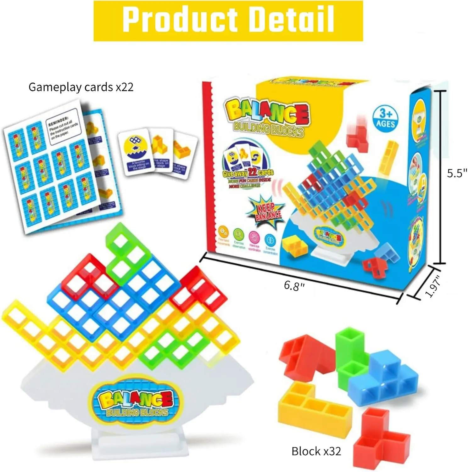 Jogo Tower Stack 32PCS com 22 cartas de jogo |   Blocos de construção de equilíbrio para crianças e adultos |   Jogos de tabuleiro para festas familiares, ecológicos
