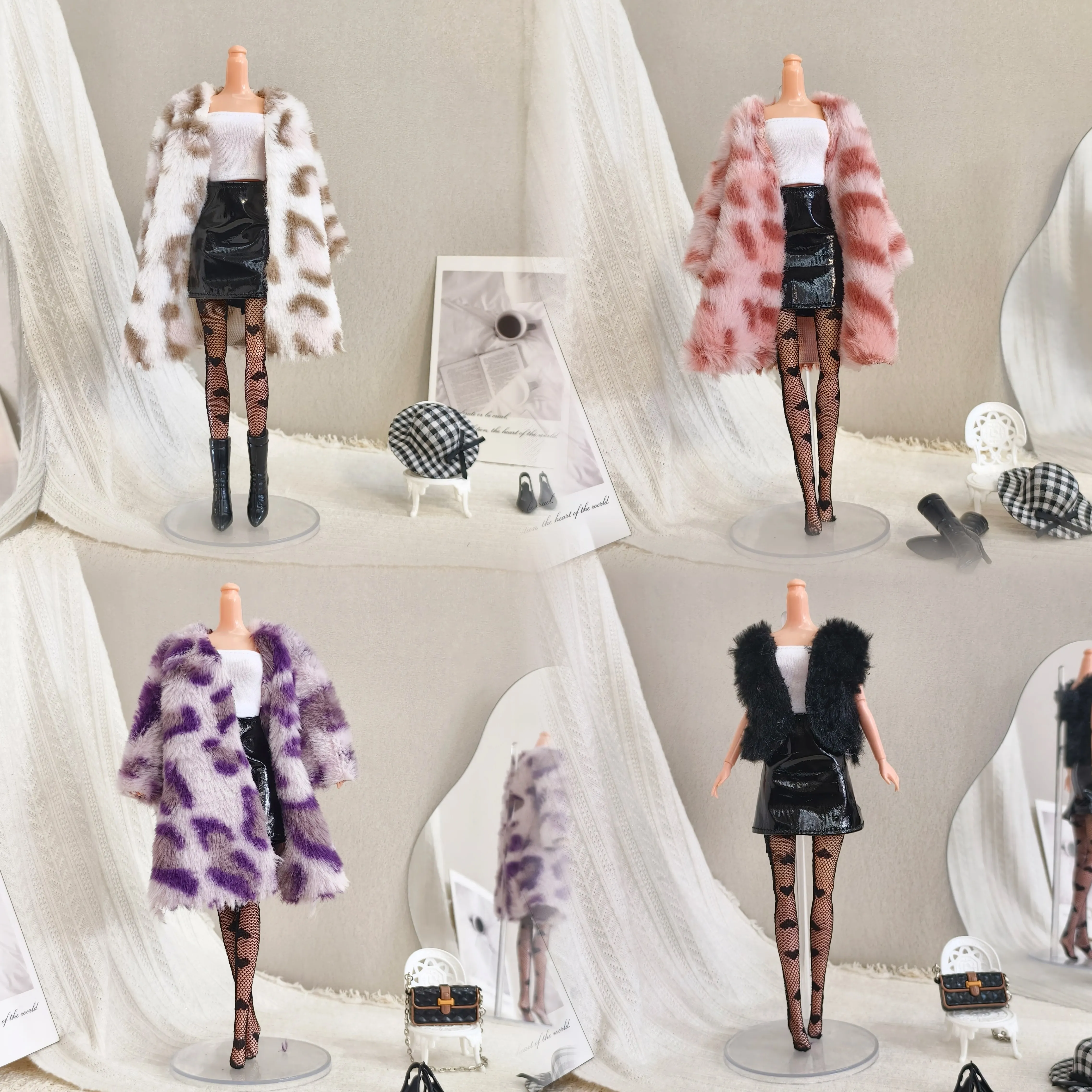 

Winter Fashion Fur Jacket+leather Short Skirt+sexy Silk Stockings Set For 1/6 30cm FR Babi Supermodel Doll Clothes Accessories