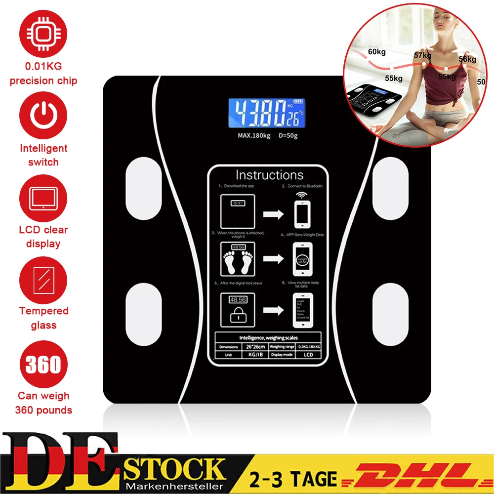 Báscula Inteligente Bluetooth de 180 kg/400 lb para Peso Corporal y Grasa, Báscula Digital para Baño con Aplicación, Pantalla LCD, Vidrio Templado