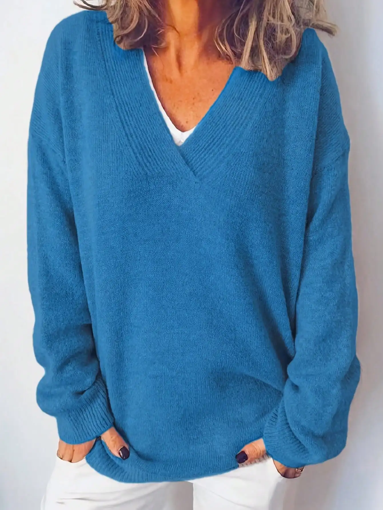Herbst Winter Täglicher Casual Damen Übergröße V-Ausschnitt Langarm Pullover – Detail 6