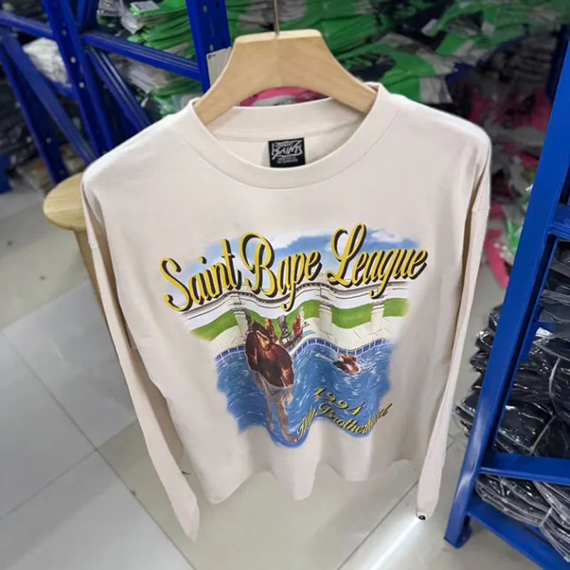 SAINT Streetwear Long Sleeve Tee Cream Vintage Pool Ape Print Casual Top