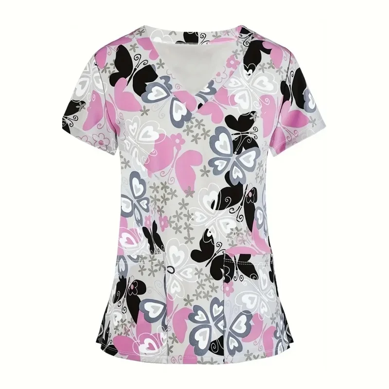 Women's Summer Slightly Stretchy Printed Medical Short-Sleeve TopVUniforms for dental clinics and beauty salons surgical gowns