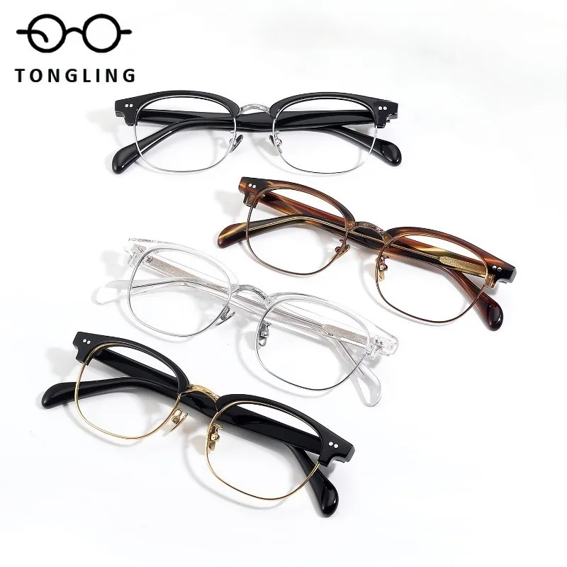 

2025New women handcrafted fashionable retro half-frame pure titanium frame business men spectacle frame with prescription lenses
