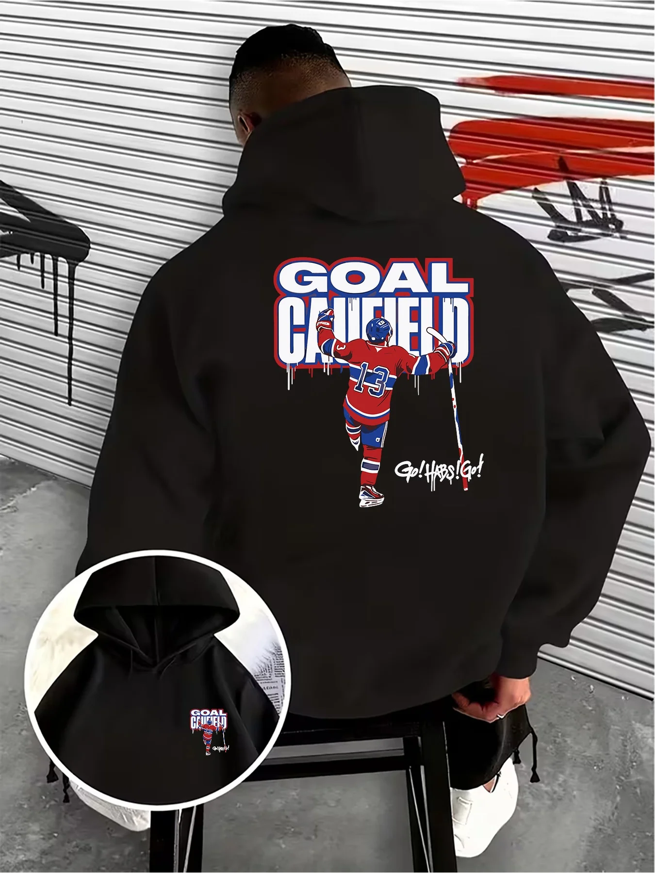 Men's Ice Hockey Player Themed Creative Printed Hooded Sweatshirt, Double-sided Front and Back Design,