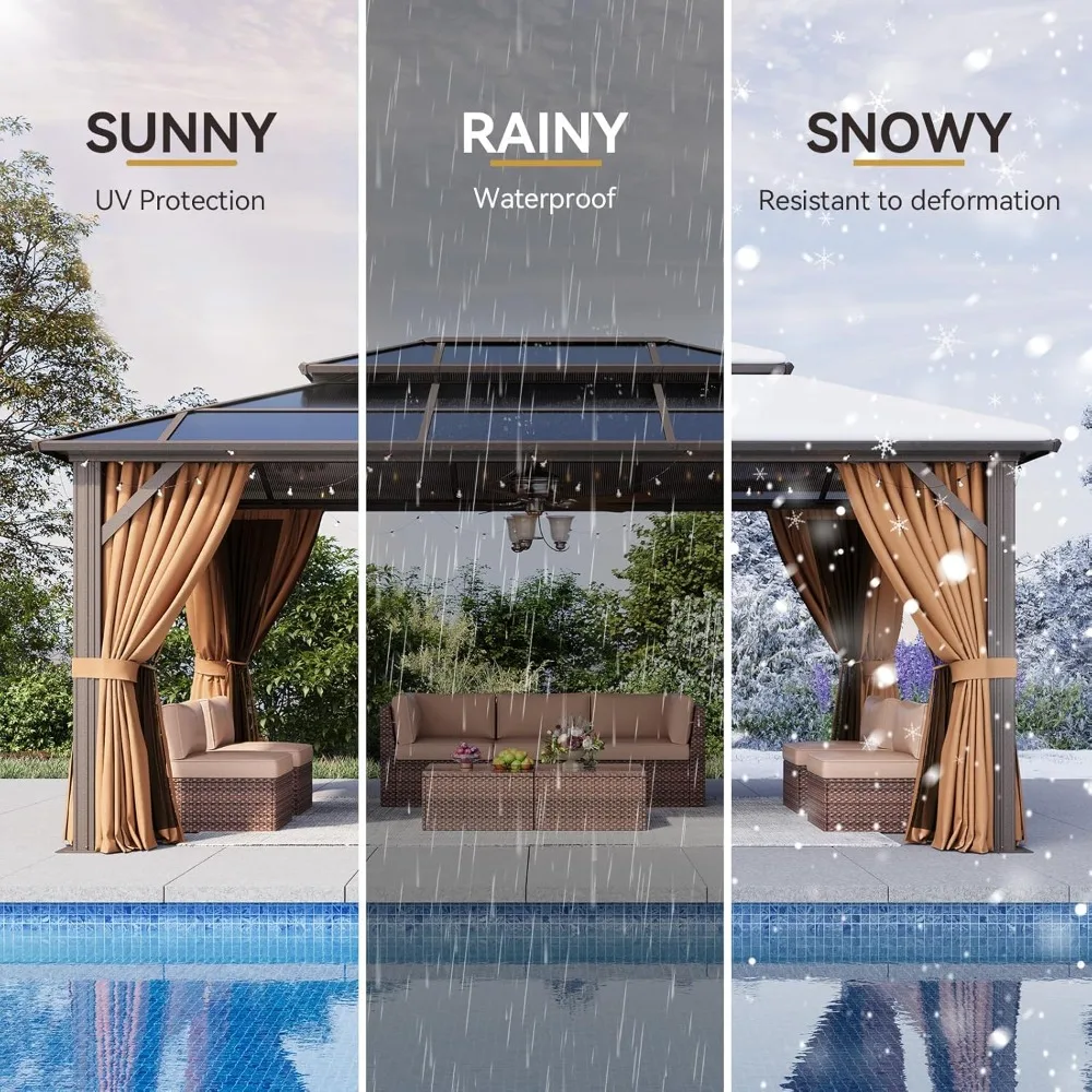 

12'x16' Hardtop Gazebo Outdoor Metal Frame Double Polycarbonate Roof Canopy Permanent Outdoor Pavilion Insect Netting Included