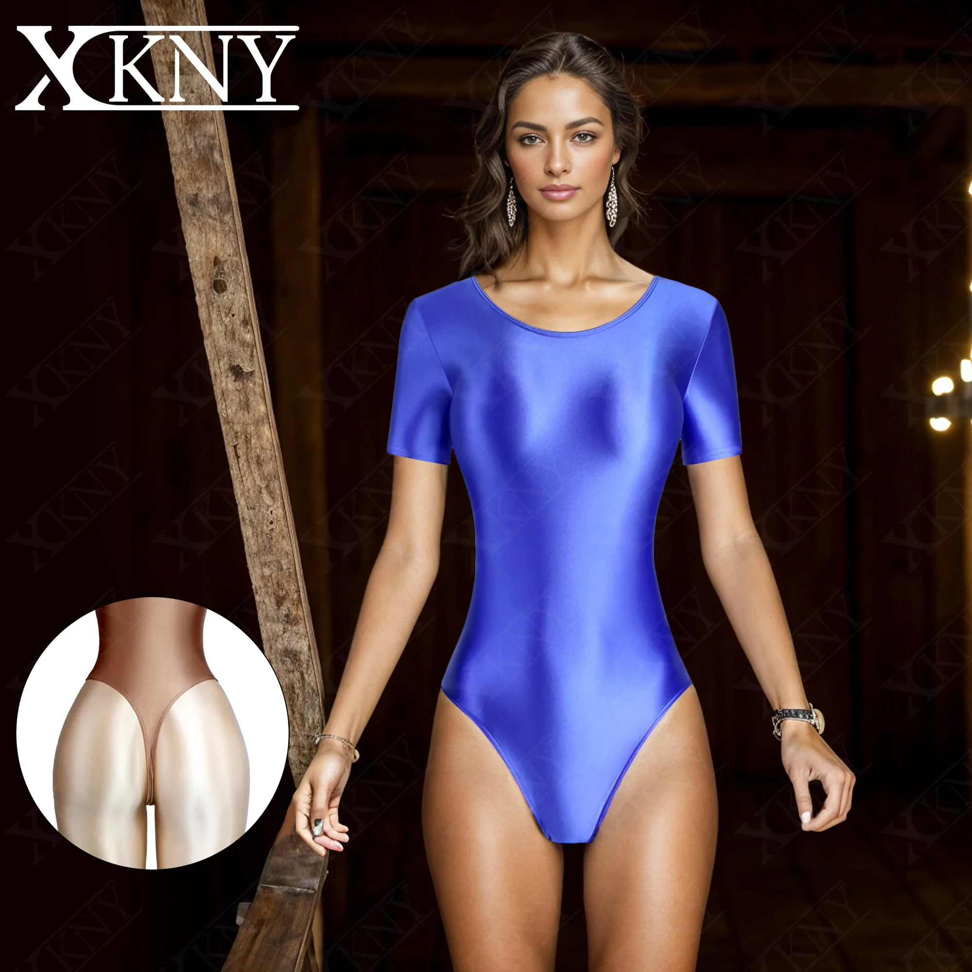 XCKNY One piece sexy tights glossy smooth T-shaped high fork short sleeve swimsuit Yoga sportswear solid color gymnastic suit