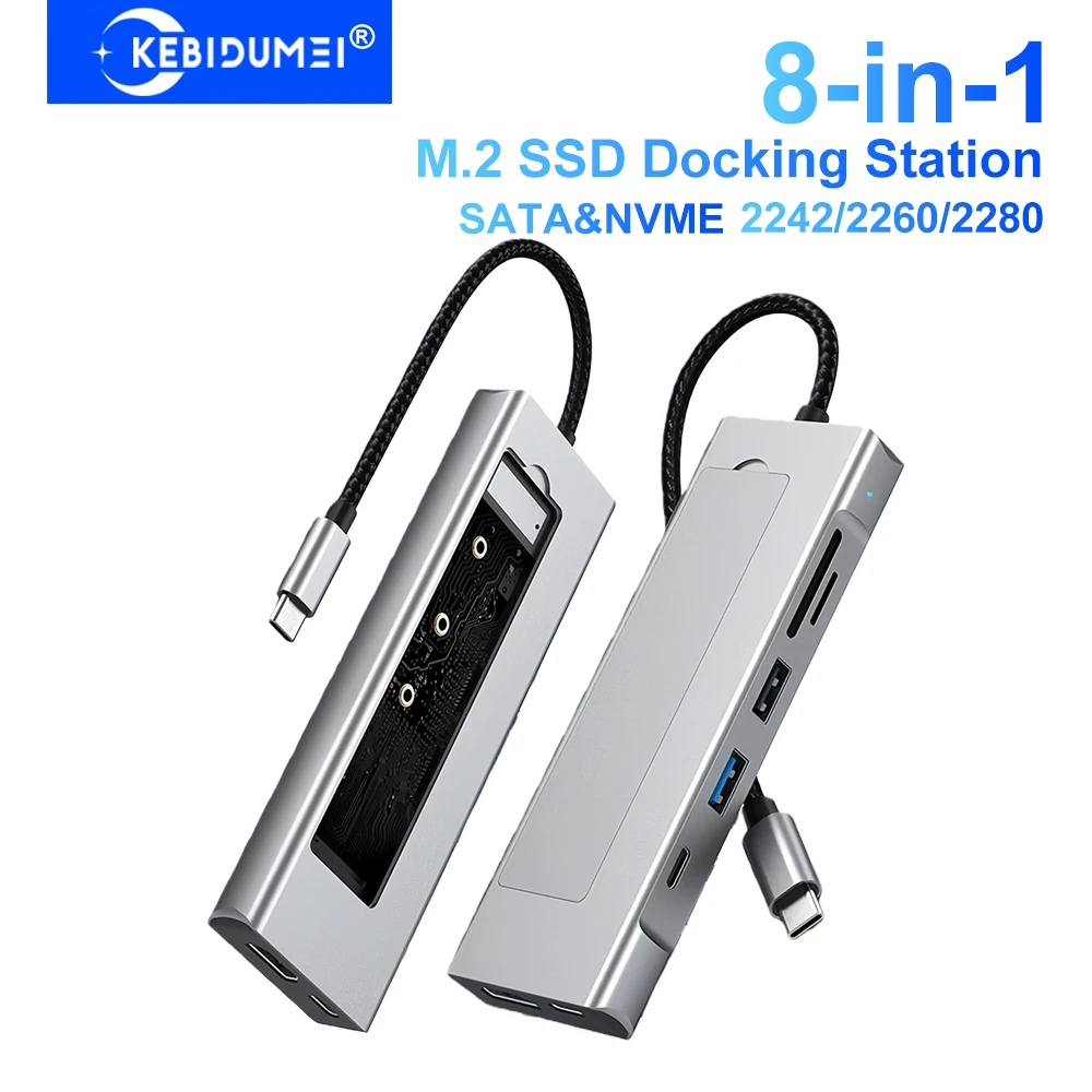 

Док-станция 8-в-1 USB C M.2 SSD-корпус Док-станция USB-концентратор SATA + NVME USB C-концентратор 4K30 Гц/10 Гбит/с/100 Вт для ноутбука Macbook